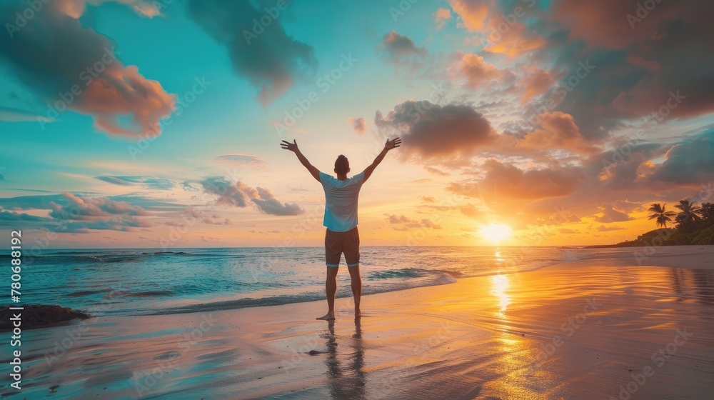 Happy man with arms raised enjoying the sunset on the beach - Delighted traveler standing with arms raised looking at the morning sunrise - Self-care