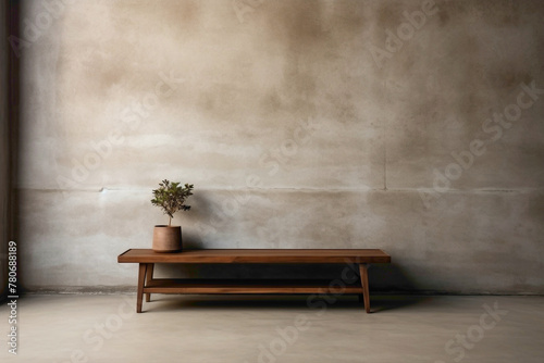 Minimalist wooden furniture against rough concrete wall, awaiting poster.