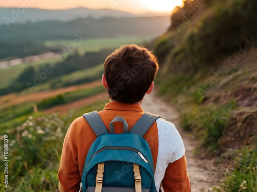 Man walking with backpack in sunset. Concept of adventure, travel, tourism and hike.