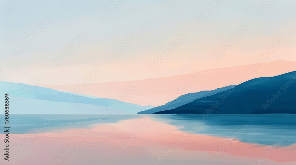 A serene, minimalist landscape distilled to its essence with simple color blocks,