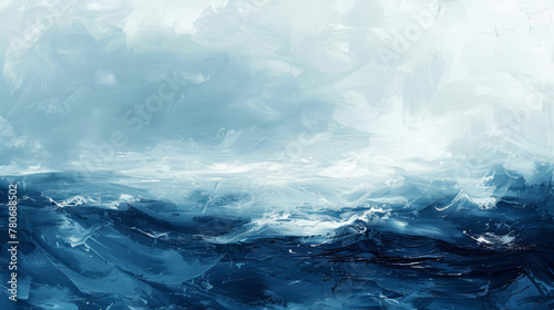 A minimalist depiction of a stormy sea, using only blue tones and white highlights, © FoxGrafy