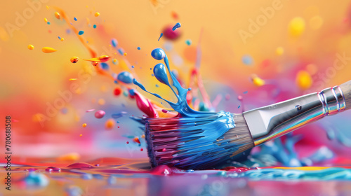 A paintbrush frozen in time, with colorful paint droplets suspended around it,