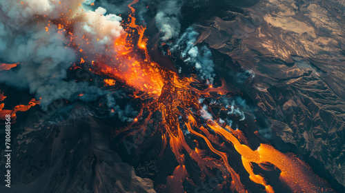 A satellite's-eye view of a volcanic eruption, with data visualized as a fiery plume,