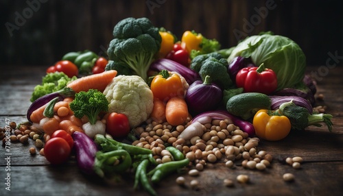 A vibrant assortment of fresh vegetables and legumes arranged on dark wood  creating a moody yet colorful scene.