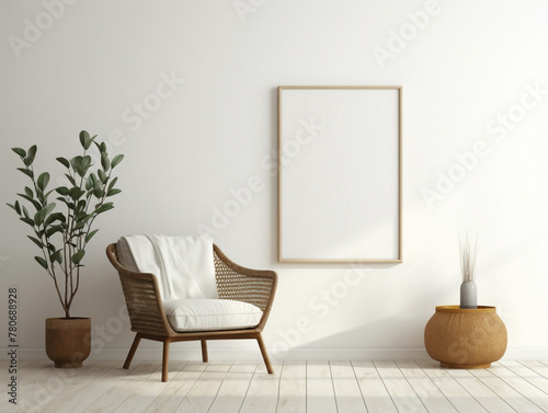 Marvel at the simplicity and elegance of a modern living room featuring a wicker chair, floor vases, and a blank mockup poster frame against a pristine white wall.