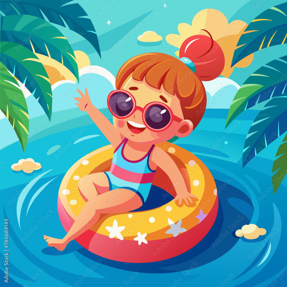 Fototapeta premium Cute little girl in colorful swimsuit and sunglasses resting on an inflatable toy ring floating in the pool