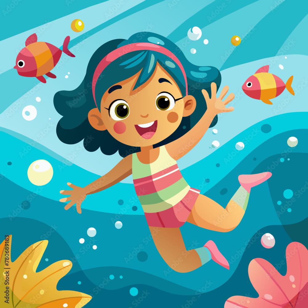 The little girl in the water park swimming underwater and smiling Stock ...