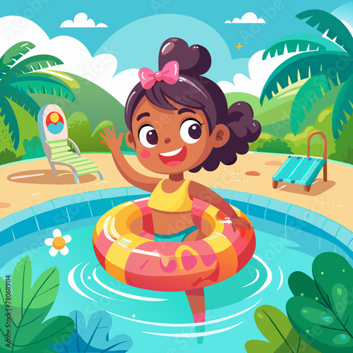 Cute little girl in colorful swimsuit and sunglasses resting on an inflatable toy ring floating in the pool