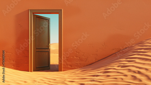 Opened door on desert. Unknown and start up concept. This is a 3d illustration Generative AI