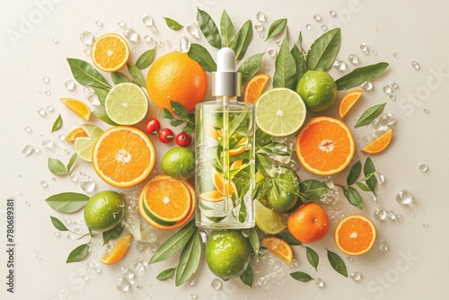A bottle of skincare serum surrounded in the style of fresh fruits and ice cubes on a light grey background
