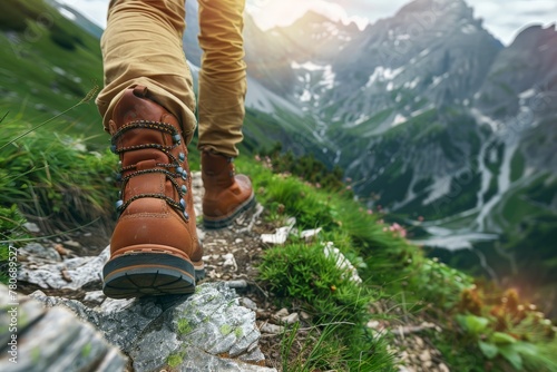 Exploring New Heights: Close-up of Leather Hiking Boot on Mountain Trail. Beautiful simple AI generated image in 4K, unique. photo