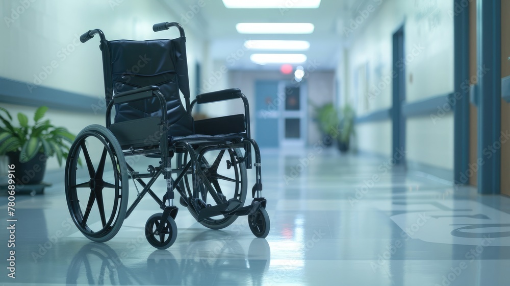 An empty black wheelchair sits in a hospital hallway.