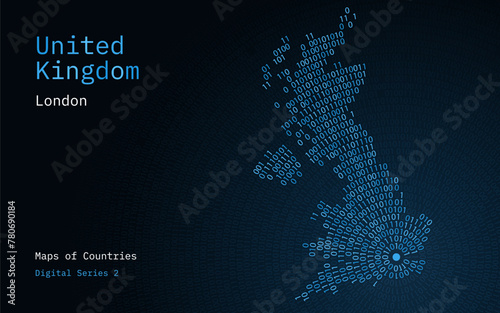 Canvas Print A map of United Kingdom depicted in zeros and ones in the form of a circle