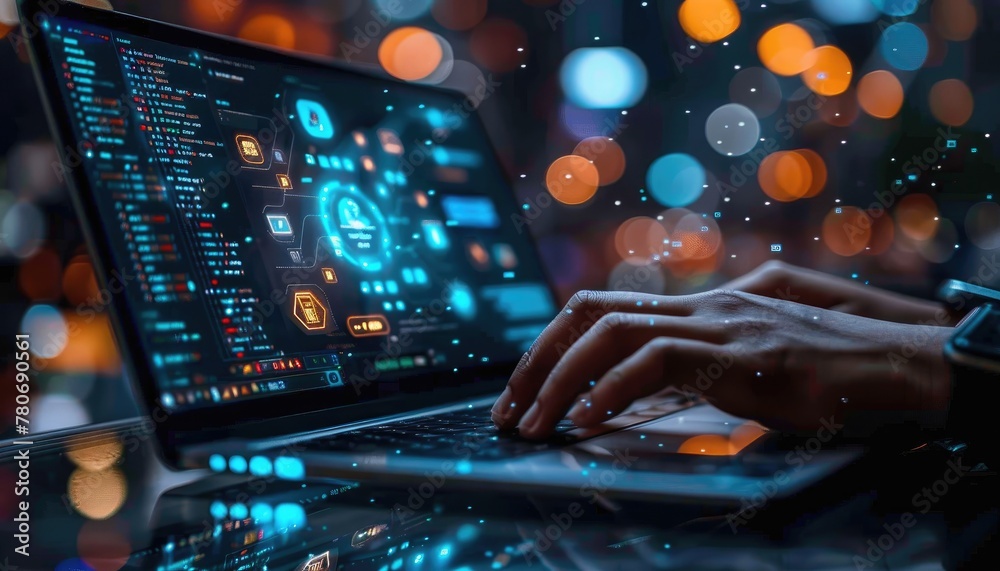 A person is typing on a laptop with a screen that shows a lot of locks by AI generated image A person is typing on a laptop with a screen that shows a lot of locks by AI generated image