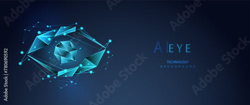AI Digital blue technology low poly concept. Artificial intelligence vector. Glowing futuristic banner. Spying or searching internet network background.