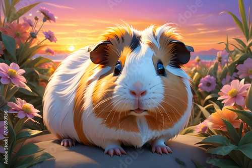 cute little white orange guinea pig in the garden in flowers at sunset close up, pets
