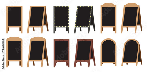 Set of street sandwich empty stands black menu boards. Welcome wooden stands signs with black side. Vector collection.