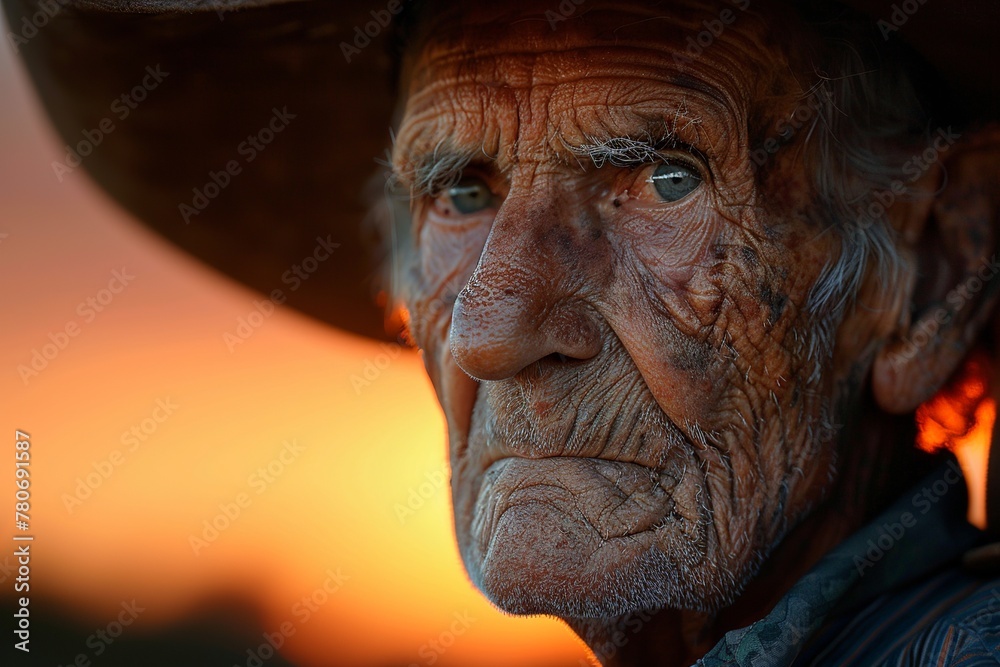 An intimate portrait of a seasoned cowboy, his silver hair capped with a faded hat, as warmth radiates from his eyes while he reminisces about tales from the past. An intimate portrait of a seasoned cowboy, his silver hair capped with a faded hat, as warmth radiates from his eyes while he reminisces about tales from the past.