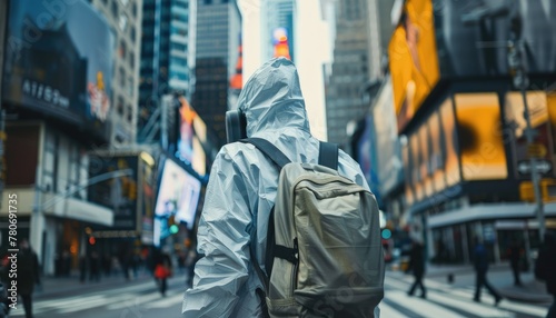A man in a hazmat suit stands in the rain by AI generated image