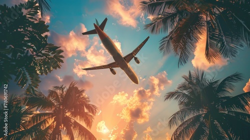 Airplane flying in the sky between palm trees. Generate AI image