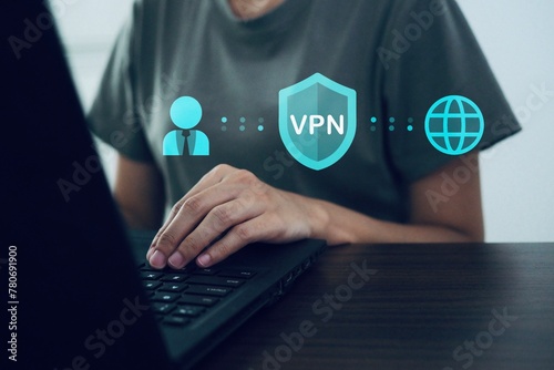 VPN virtual private network concept. Businessman uses keyboard to connect to VPN. Internet security.