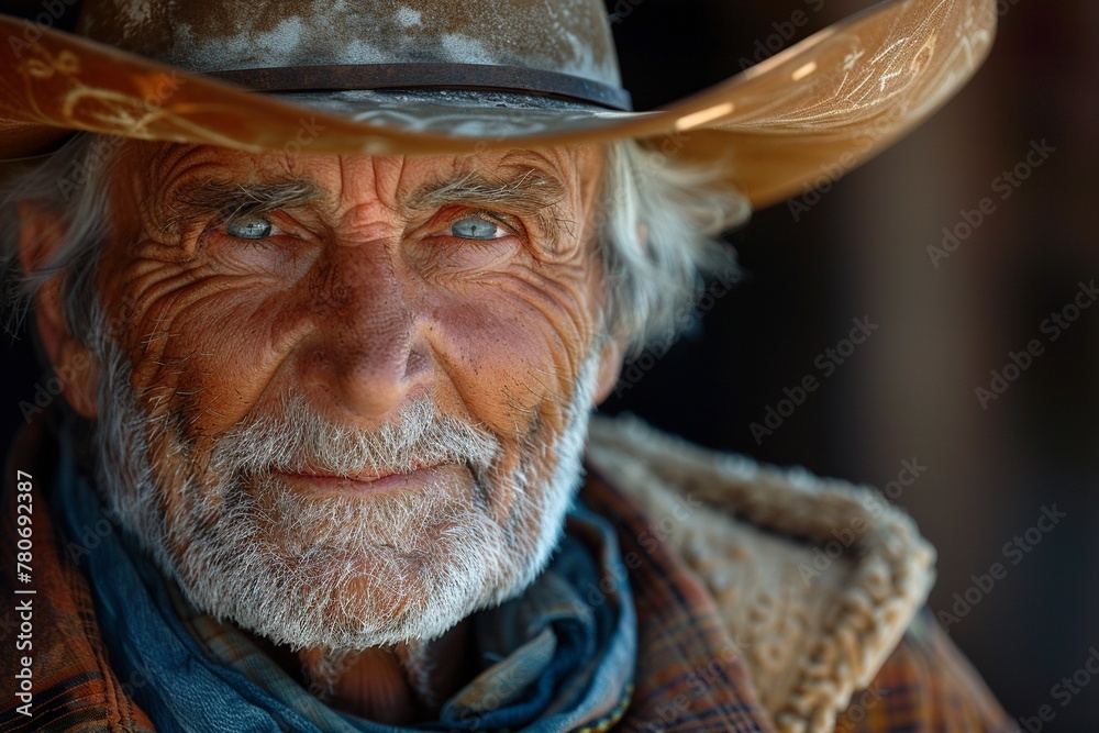 An intimate portrait of a seasoned cowboy, his silver hair capped with a faded hat, as warmth radiates from his eyes while he reminisces about tales from the past. An intimate portrait of a seasoned cowboy, his silver hair capped with a faded hat, as warmth radiates from his eyes while he reminisces about tales from the past.