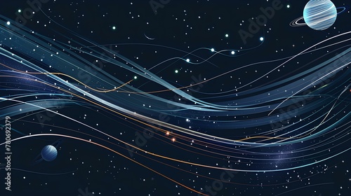 Abstract background with stars in a starry night sky and bright light beams, waves, and curves, conveying futuristic concepts through vibrant blue colors and dynamic motion, designed as a vector illus photo