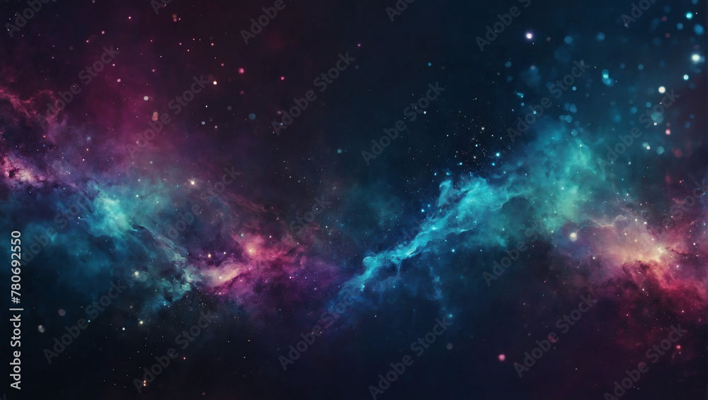 Abstract blur bokeh banner background. Galaxy-inspired tones, midnight blue, cosmic purple, celestial teal, nebula pink, and stardust silver.