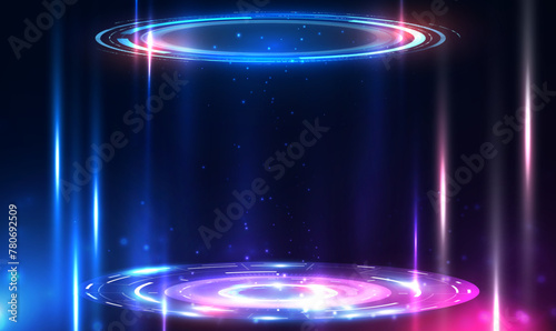 Sci-fi high technology circle futuristic 3D teleport podium. Hologram portal light of science futuristic. Digital HUD portal hologram. Warp gate. Teleport podium. GUI,UI. Virtual reality. Vector EPS10