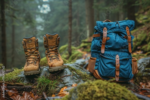 Rugged hiking boots with a blue backpack on moss-covered rock in a forest.