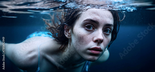 primo piano con volto di giovane donna che nuota sotto il pelo dell'acqua photo
