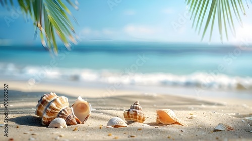 sand with some shells and starfish close up on the beach with the blue sea on background. Summer time concept.