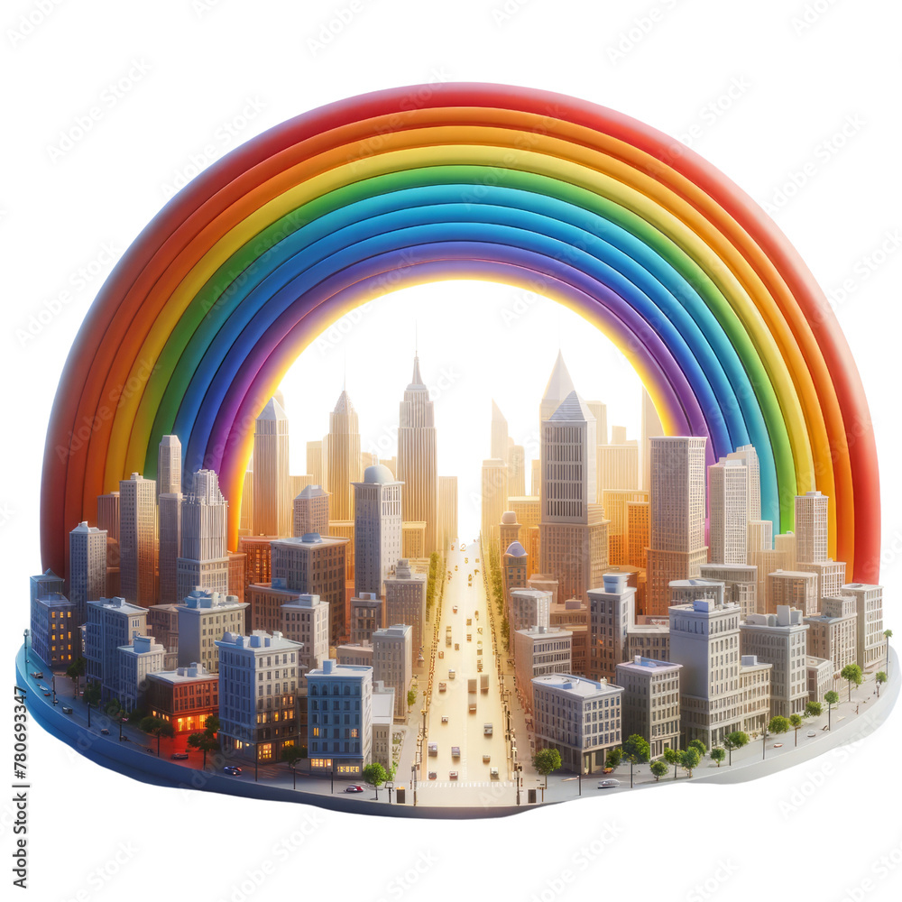rainbow arch over a city skyline, Pride Day and Month, Rainbow ,3d render isolated transparent.