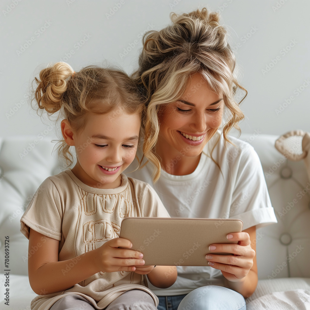 beautiful photography for mother's day, a mother with her son, looking at a tablet beautiful photography for mother's day, a mother with her son, looking at a tablet