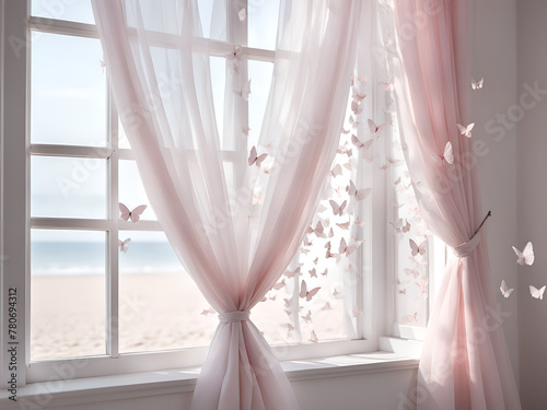 A white window with light pink butterflies flying out of it,  white gauze curtain fluttering in the wind, dreamy and beautiful, light pink and light gray style images