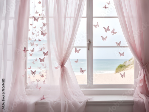 A white window with light pink butterflies flying out of it   white gauze curtain fluttering in the wind  dreamy and beautiful  light pink and light gray style images