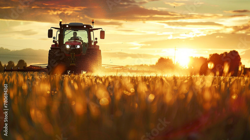 Farmer working in the field, driving a tractor during sunset. Work, field, farmer, rancher. Rolnik pracujący w polu, prowadzący traktor podczas zachodu słońca. Praca, pole, rolnik, farmer. photo