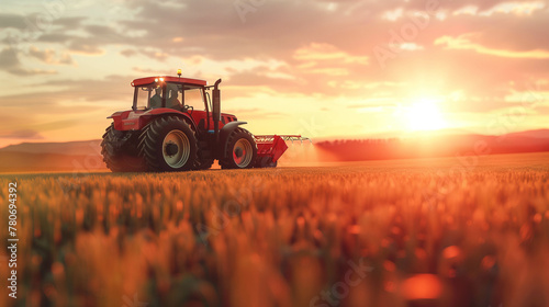 Farmer working in the field, driving a tractor during sunset. Work, field, farmer, rancher. Rolnik pracujący w polu, prowadzący traktor podczas zachodu słońca. Praca, pole, rolnik, farmer. © Malgorzata