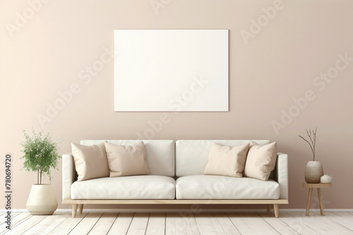 Experience the simplicity of a beige and Scandinavian sofa juxtaposed with a white blank empty frame for copy text, against a soft color wall background.