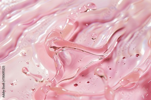 Gel Texture. Pink Transparent Cosmetic Gel Primer with Splash and Bubbles. Anti Aging Hydro Serum. Hydrate Hyaluronic Acid Moisturizer. Clear Drop of Liquid Foundation Blob. Makeup Product. Closeup