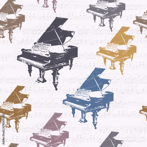 Grand Piano and musical notes. Seamless pattern. Abstract vector background with a musical theme for textiles, interiors, cotton fabric, wrapping paper