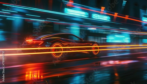 A car is driving down a street with neon lights in the background by AI generated image