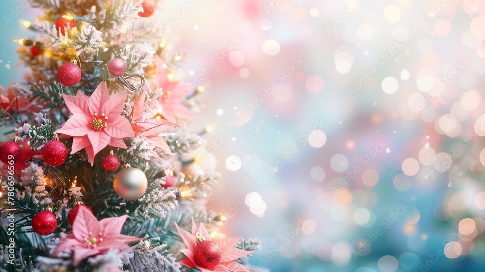 Christmas tree decorations with lights, flowers, and nature elements in a vibrant garden setting, representing holiday beauty and festive cheer Christmas tree decorations with lights, flowers, and nature elements in a vibrant garden setting, representing holiday beauty and festive cheer