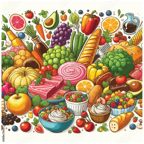 Fototapeta Naklejka Na Ścianę i Meble -  Vector collection of vegetables and fruits. fast food, Sketch style smoothie or juice ingredients, drinks and french fry vector illustration, fast food vector illustration, food illustration.