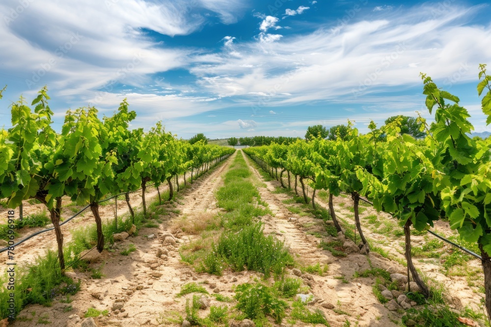 Sunlit organic vineyard showcasing rows of grapevines.