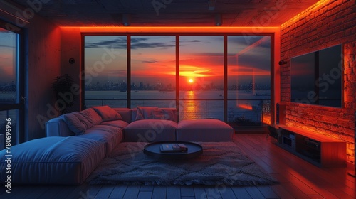 The warm glow of a home screen on a TV mockup, anchoring a living room setup with a plush sofa, inviting relaxation and entertainment