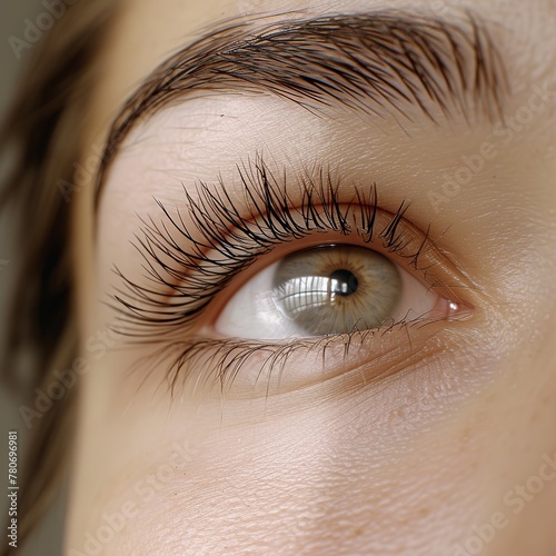 An extreme close-up of a girl's mesmerizing blue eye. Fashionable natural makeup. The young woman looks away. The natural beauty and power of the human gaze. Eye care. Vision concept. Copy space