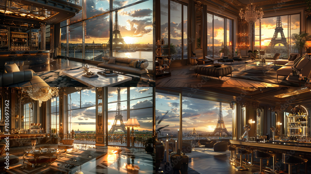 Exquisite Parisian penthouse overlooking the Eiffel Tower: luxurious Art Deco interior, champagne bar, floor-to-ceiling windows, and sunset over the Seine. Paris illustration.