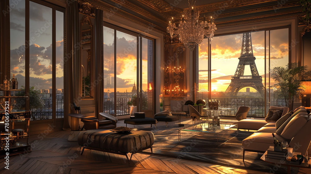 Exquisite Parisian penthouse overlooking the Eiffel Tower: luxurious Art Deco interior, champagne bar, floor-to-ceiling windows, and sunset over the Seine. Paris illustration. - obrazy, fototapety, plakaty 