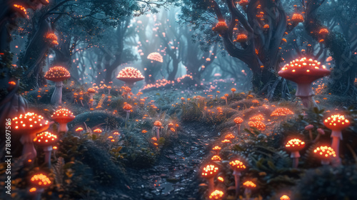 enchanting forest path illuminated by glowing mushrooms in a mystical woodland